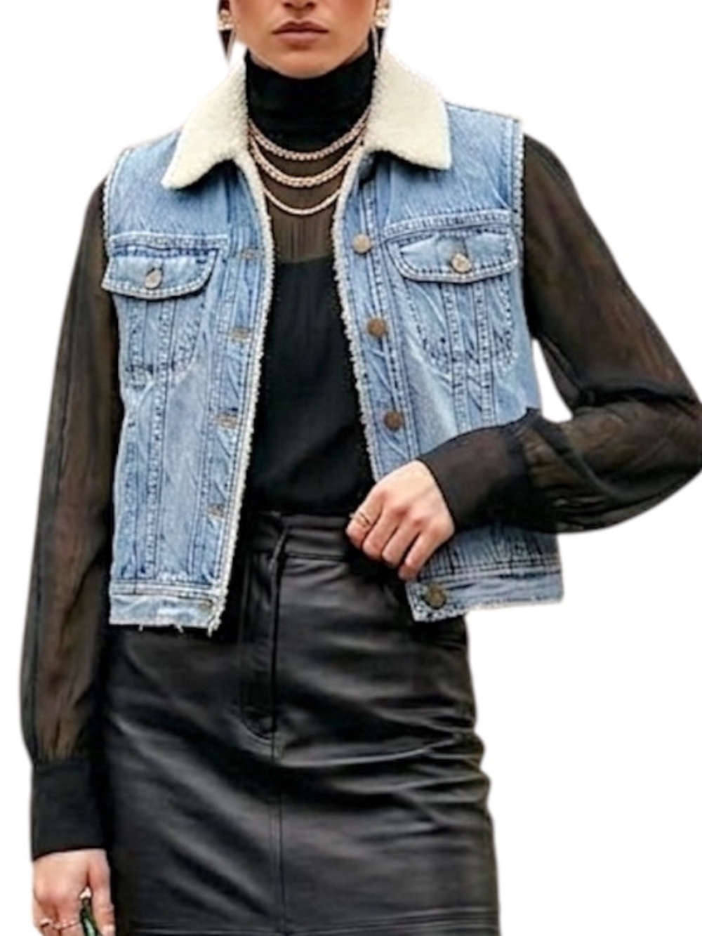 Vintage 90s destroyed denim cropped sherpa lined boxy jean trucker vest 4